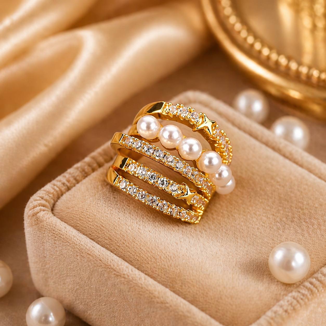 Gold Crystal & Pearl Multi-Row Ear Cuff (No Piercing)