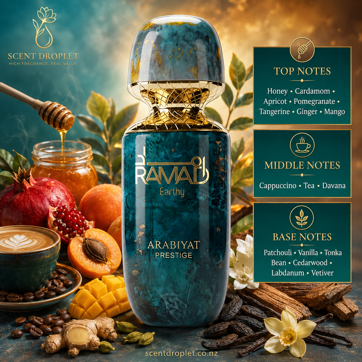 Ramad Earthy by Arabiyat Prestige Extrait fragrance notes - Honey, Cardamom, Apricot, Pomegranate, Tangerine, Ginger, Mango, Cappuccino, Tea, Davana, Patchouli, Vanilla, Tonka Bean, Cedarwood, Labdanum, Vetiver