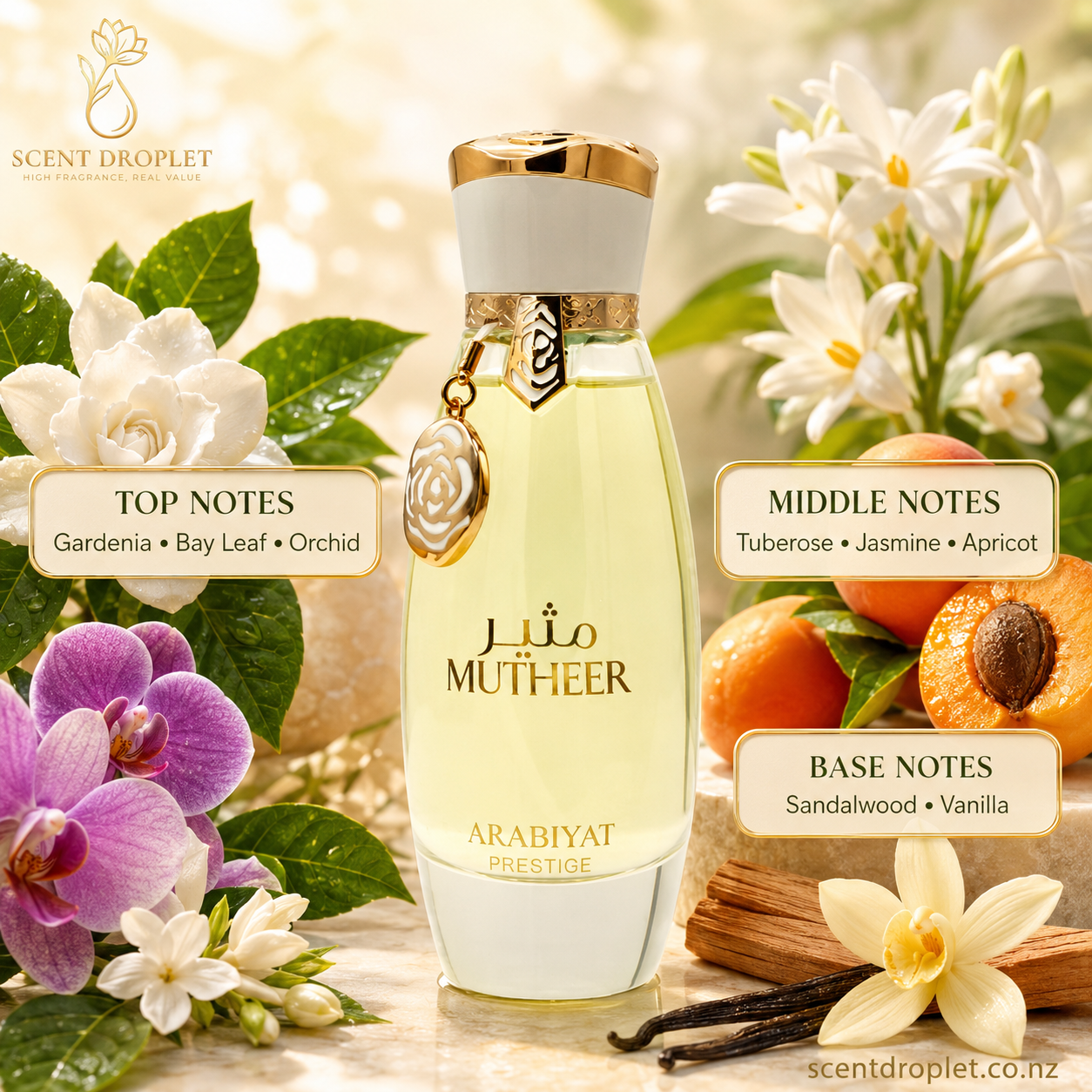 Mutheer by Arabiyat Prestige fragrance notes - Gardenia, Bay Leaf, Orchid, Tuberose, Jasmine, Apricot, Sandalwood, Vanilla