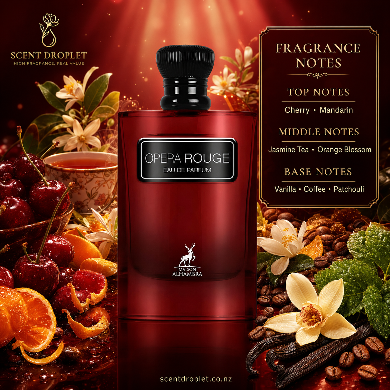 Opera Rouge by Maison Alhambra bottle with fragrance notes