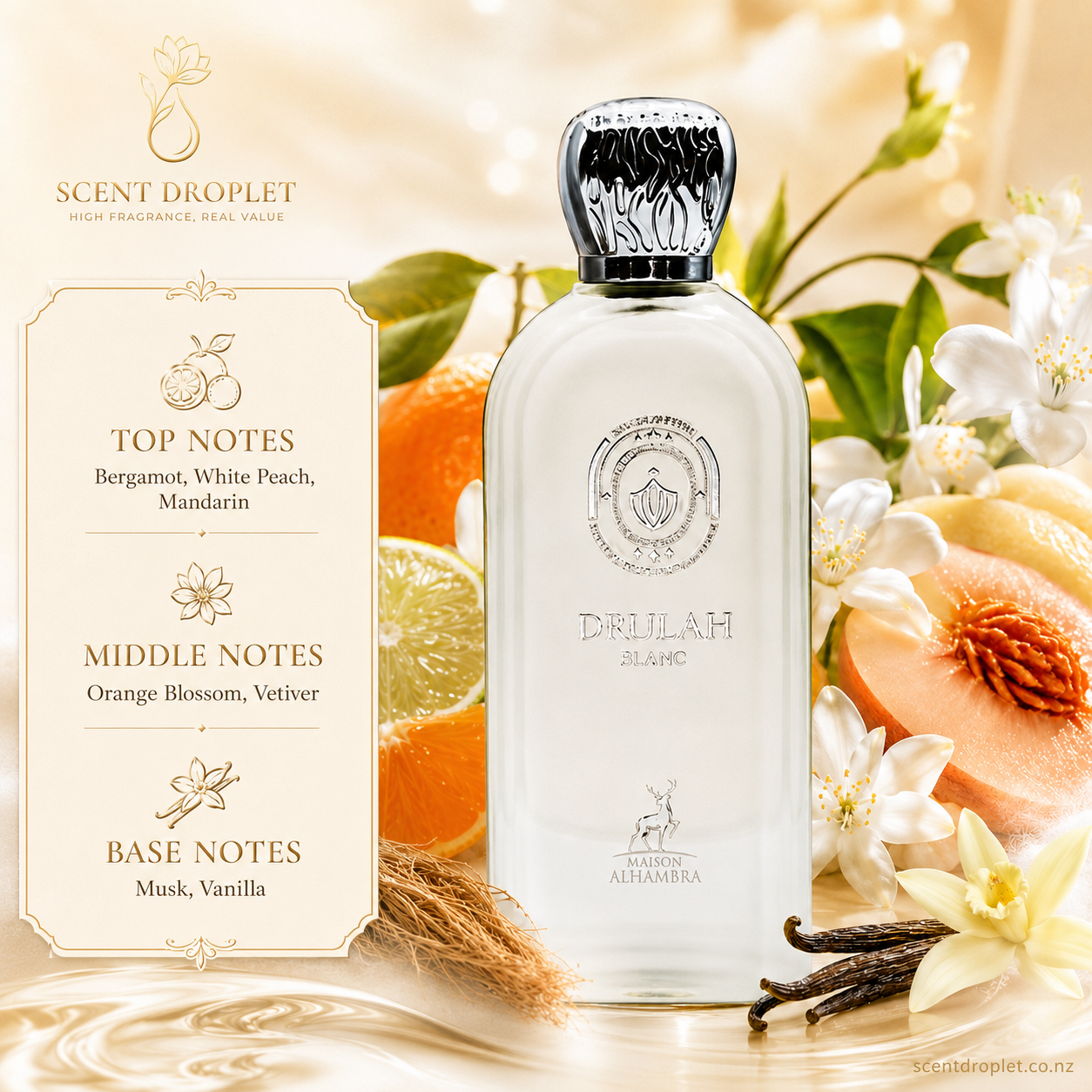 Maison Alhambra Delilah Blanc fragrance notes - Top: Bergamot, White Peach, Mandarin | Heart: Orange Blossom, Vetiver | Base: Musk, Vanilla