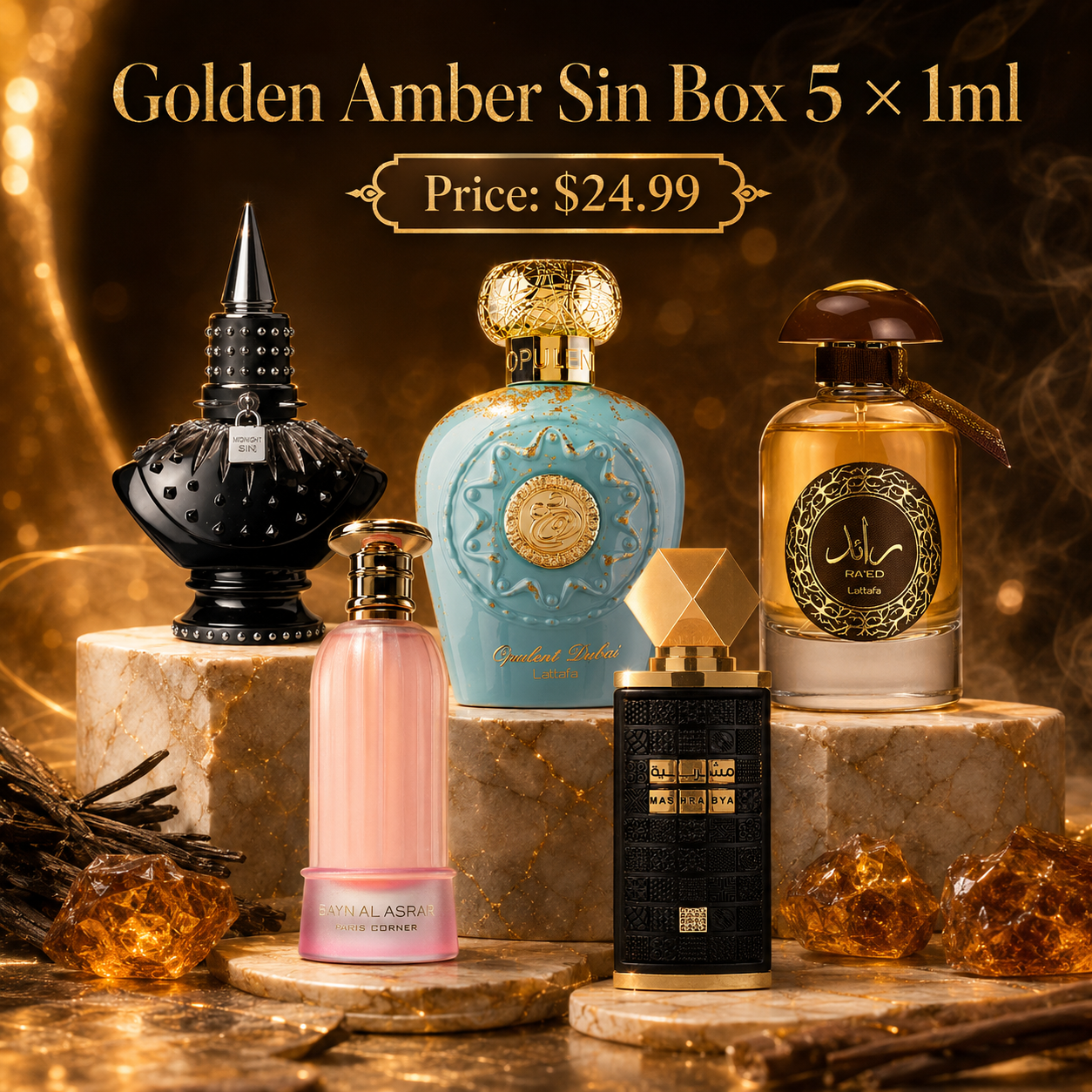 Golden Amber Sin Box – 5 × 1ml Perfume Decant Set