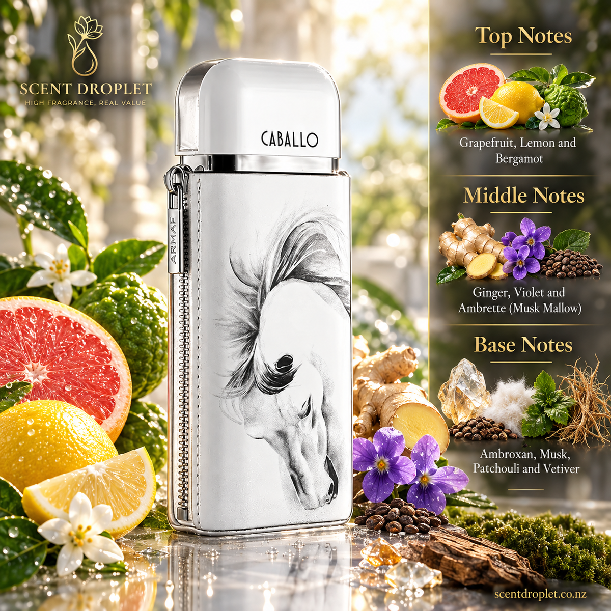 Caballo by Armaf bottle with top, middle and base fragrance notes