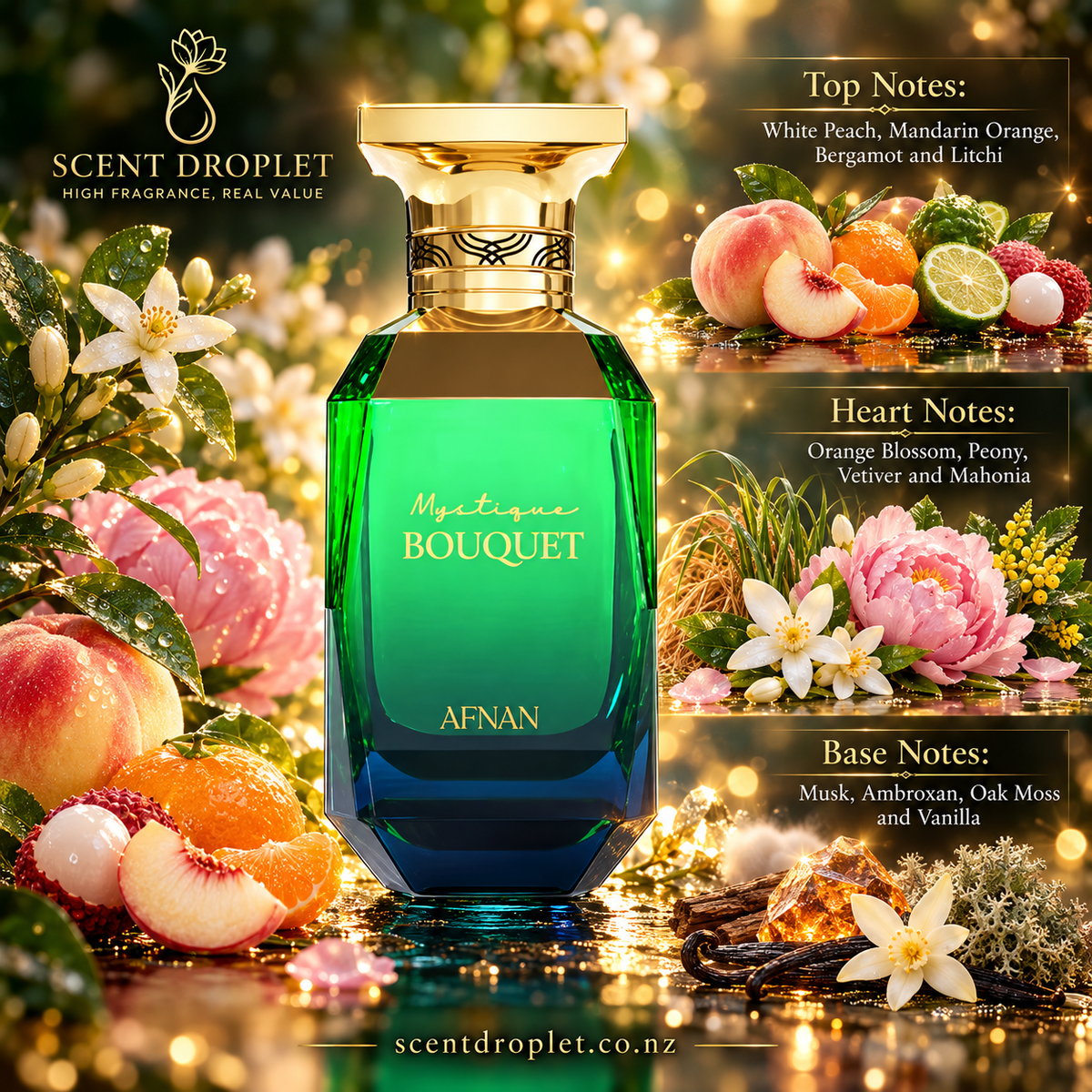 Mystique Bouquet by Afnan bottle with fruit and flowers