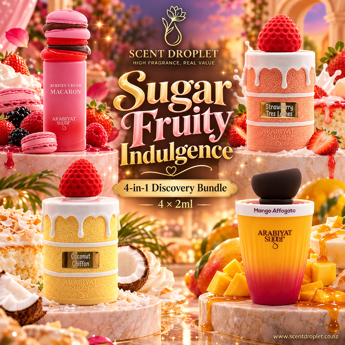 Sugar Fruity Indulgence 4-in-1 discovery bundle featuring Berries Cream Macaron, Coconut Chiffon, Strawberry Tres Leches and Mango Affogato
