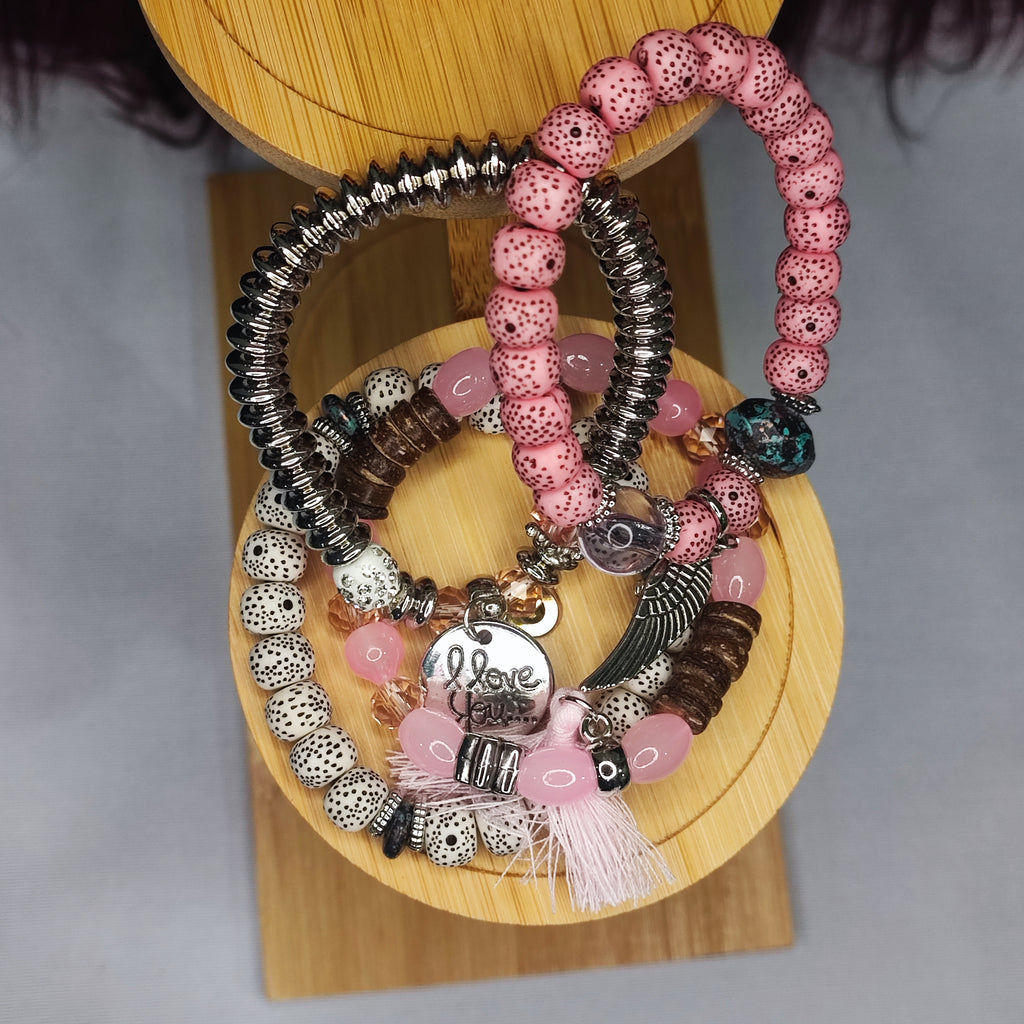 Pink and Silver Love Bracelet Set