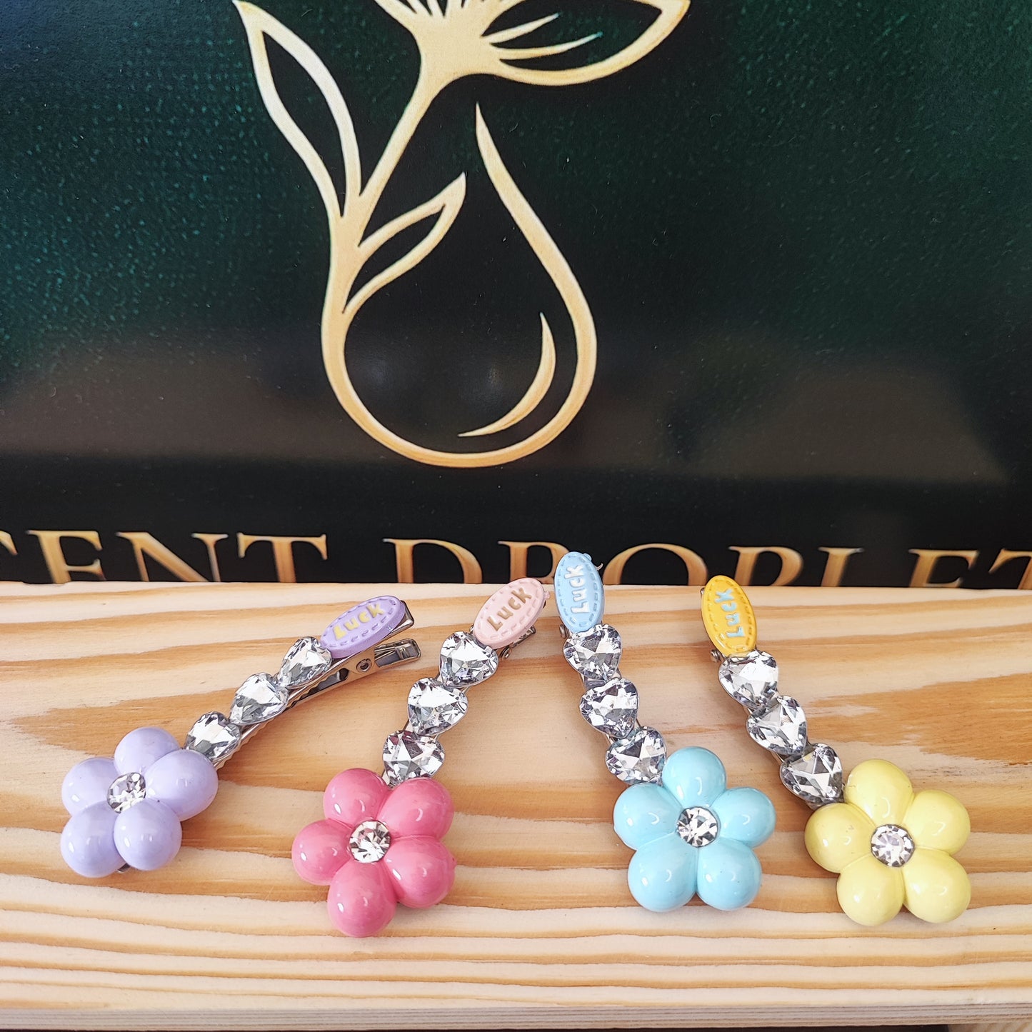 Pastel Flower Hair Pin with Crystal Chain — 4 Pieces