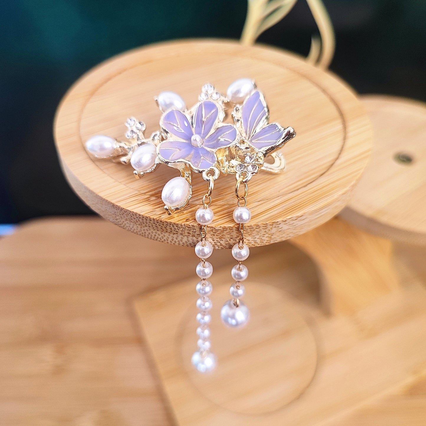 Purple Flower Pearl Tassel Hair Clip