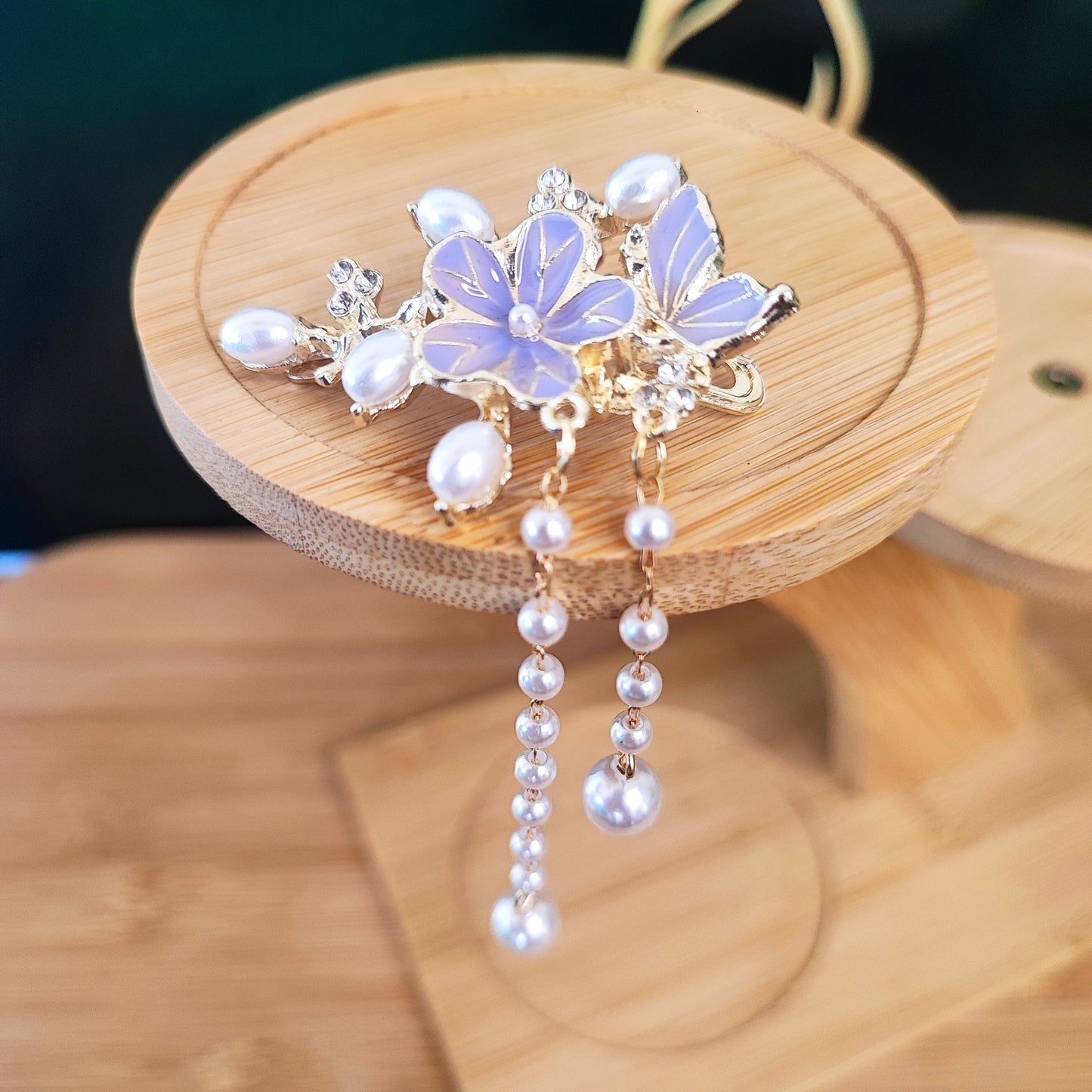 Purple Flower Pearl Tassel Hair Clip