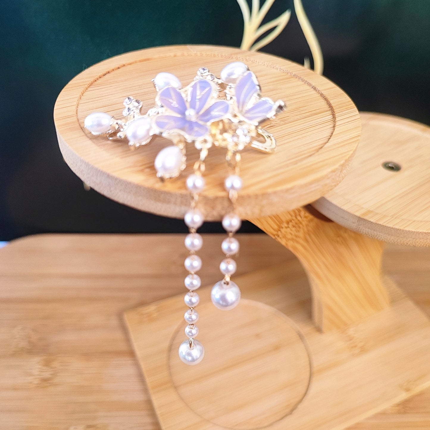 Purple Flower Pearl Tassel Hair Clip