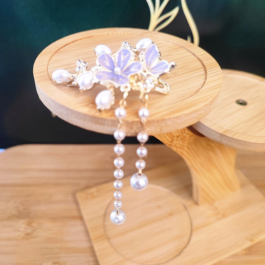 Purple Flower Pearl Tassel Hair Clip