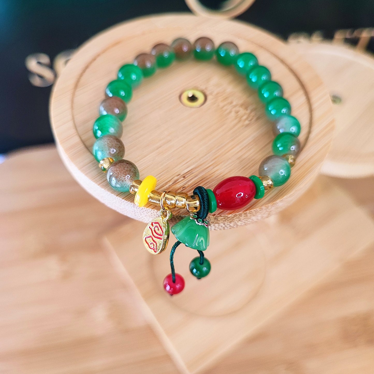 Green Agate Multi-Charm Beaded Bracelet