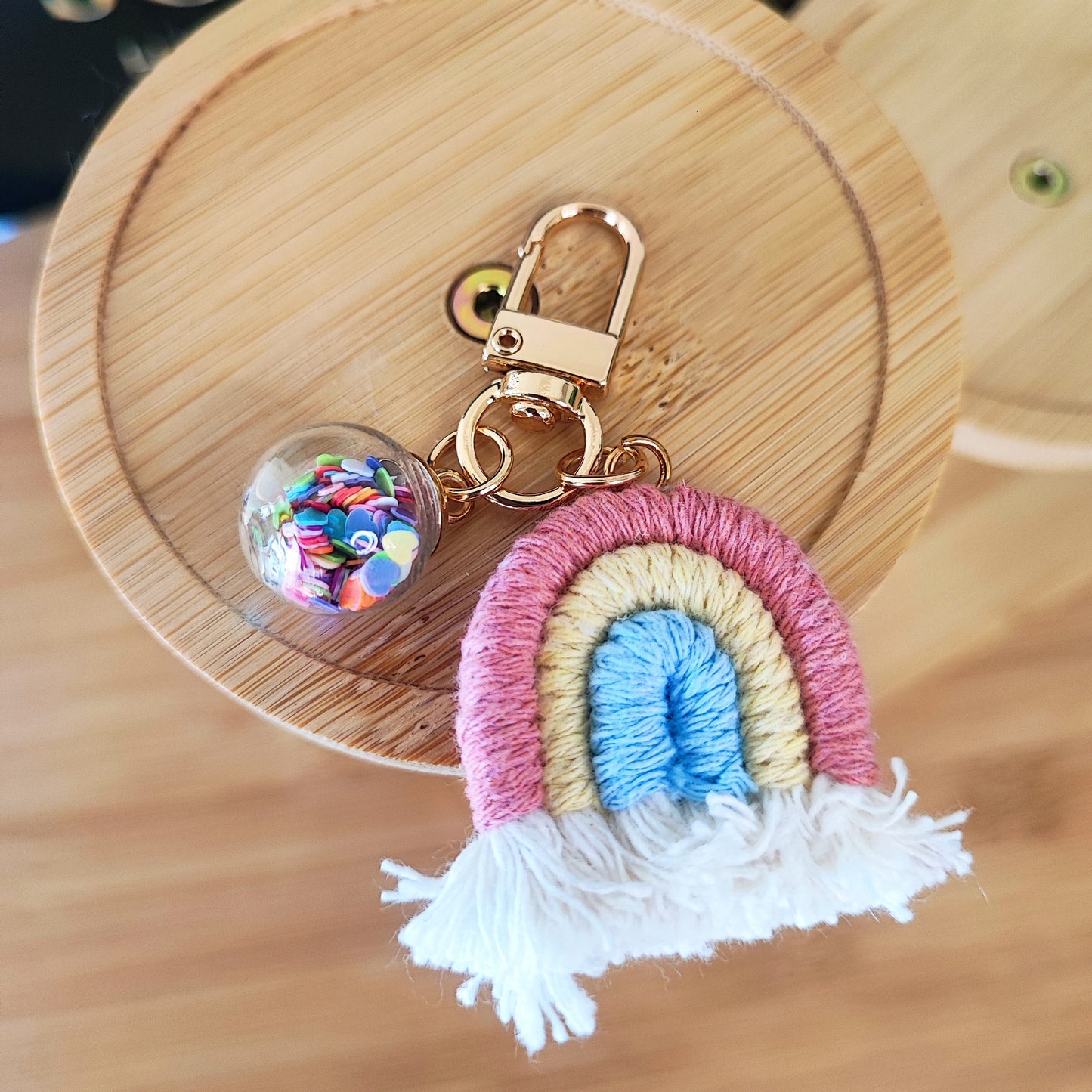 Rainbow Macramé Keychain with Confetti Globe