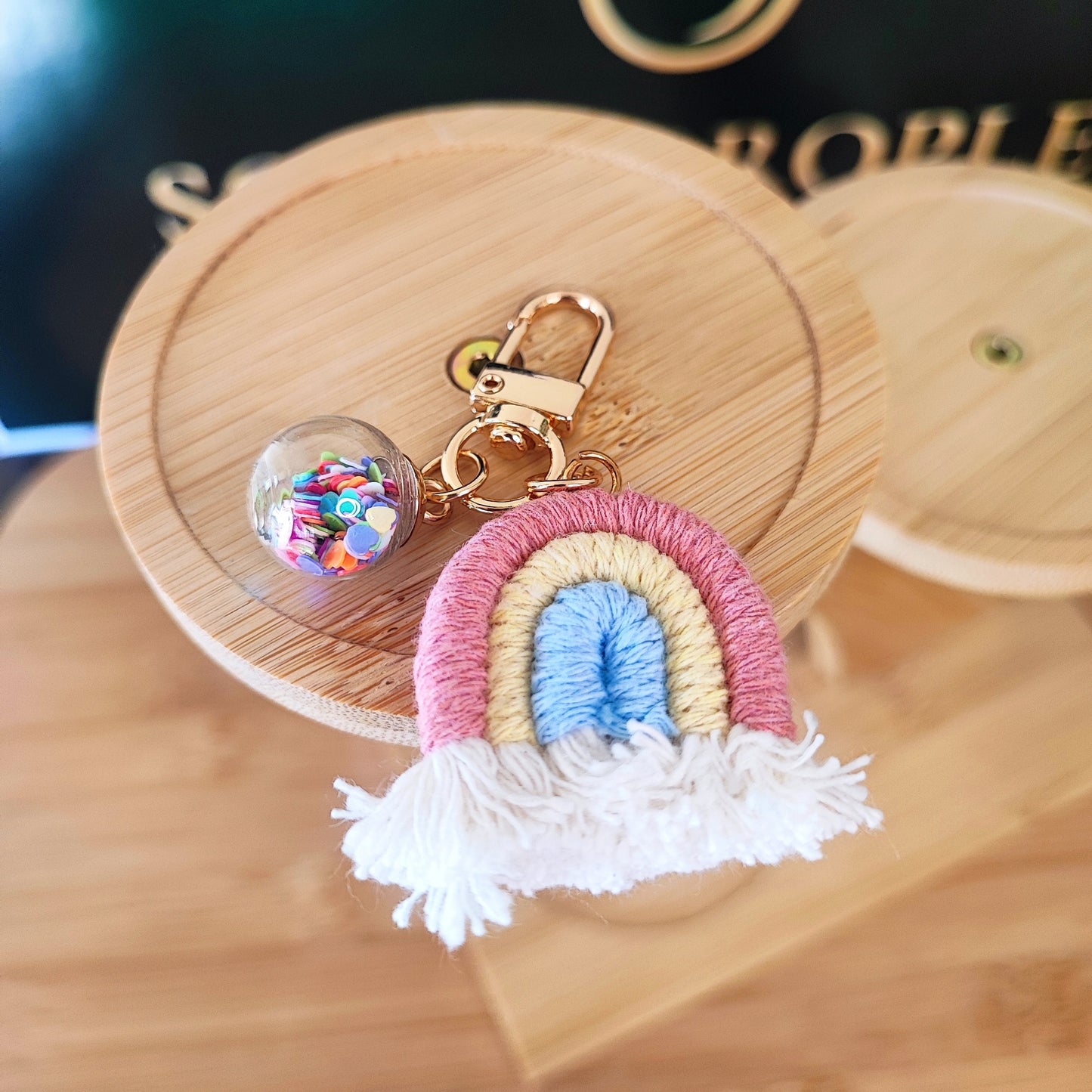 Rainbow Macramé Keychain with Confetti Globe