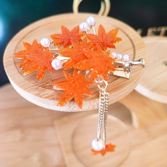 Autumn Maple Leaf Pearl Hair Clip