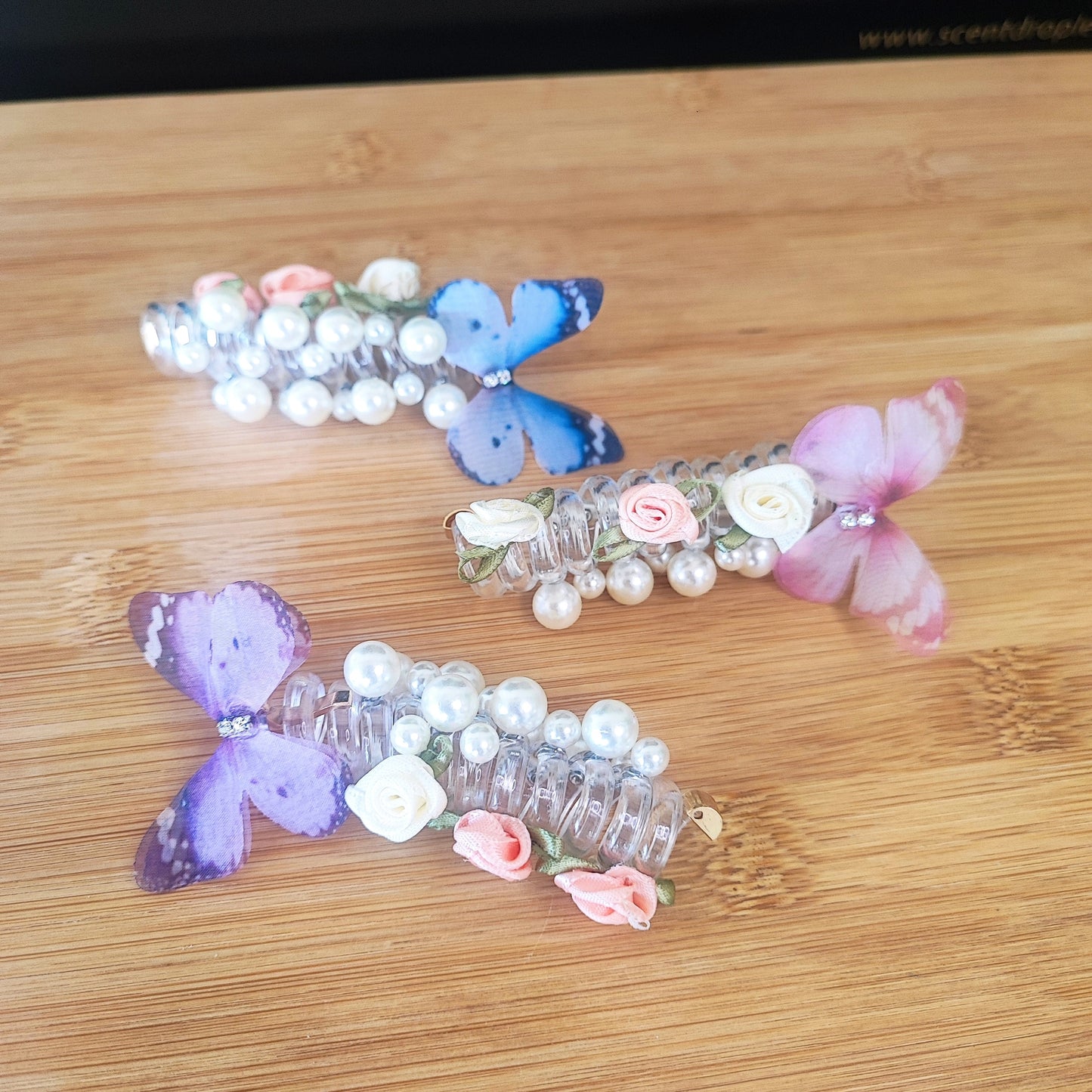 3 Pieces Butterfly & Rose Pearl Braid Hair Clip Set