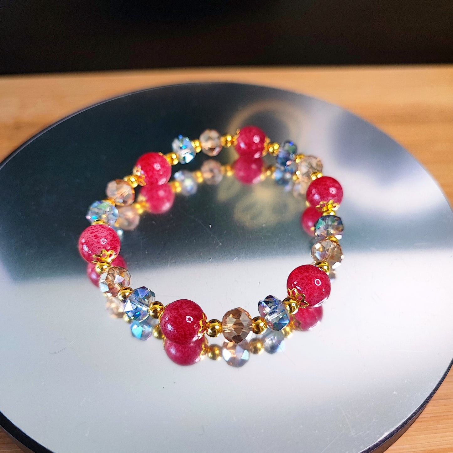 Red Jade & Crystal Stretch Bracelet