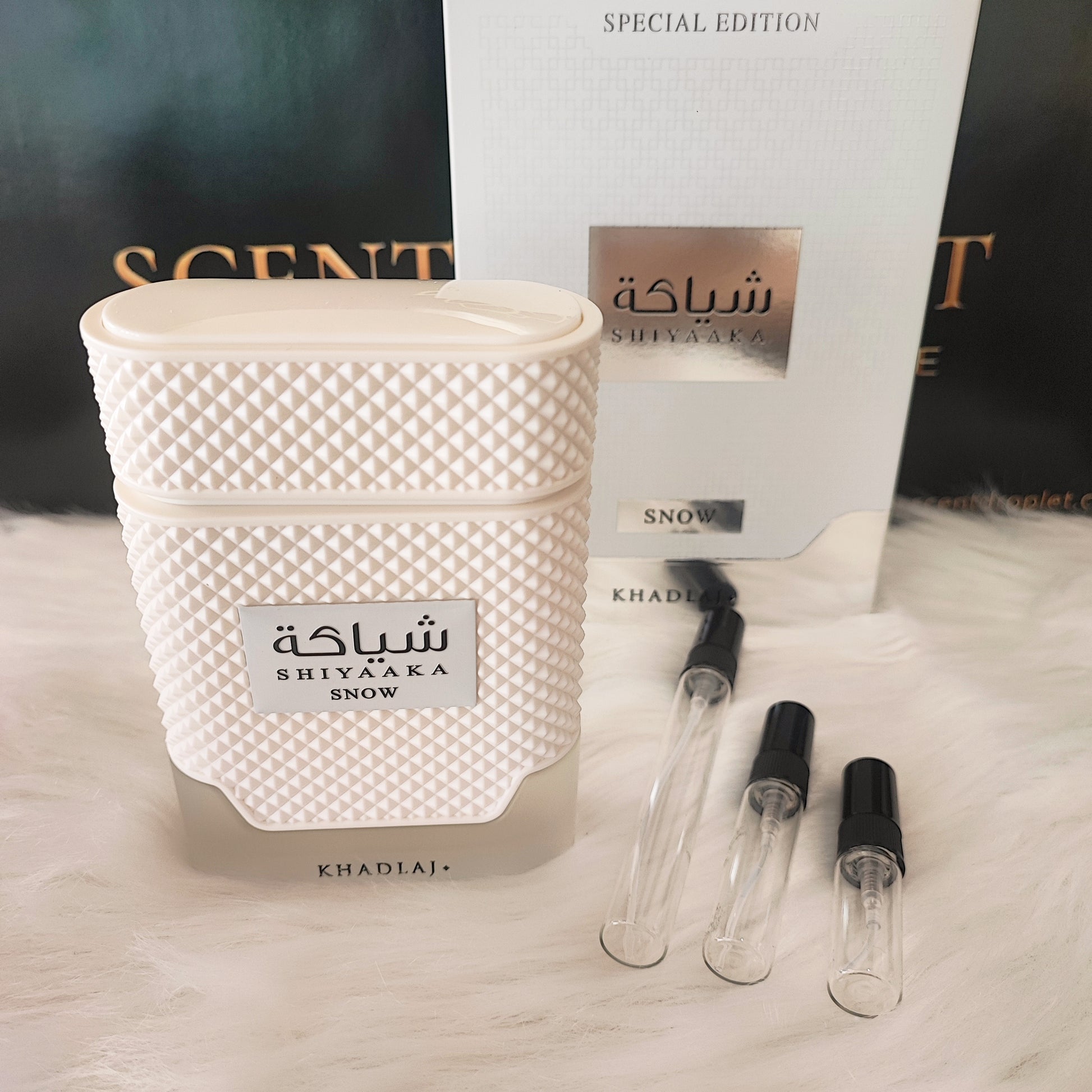 Shiyaaka Snow by Khadlaj decant vials with original bottle and box