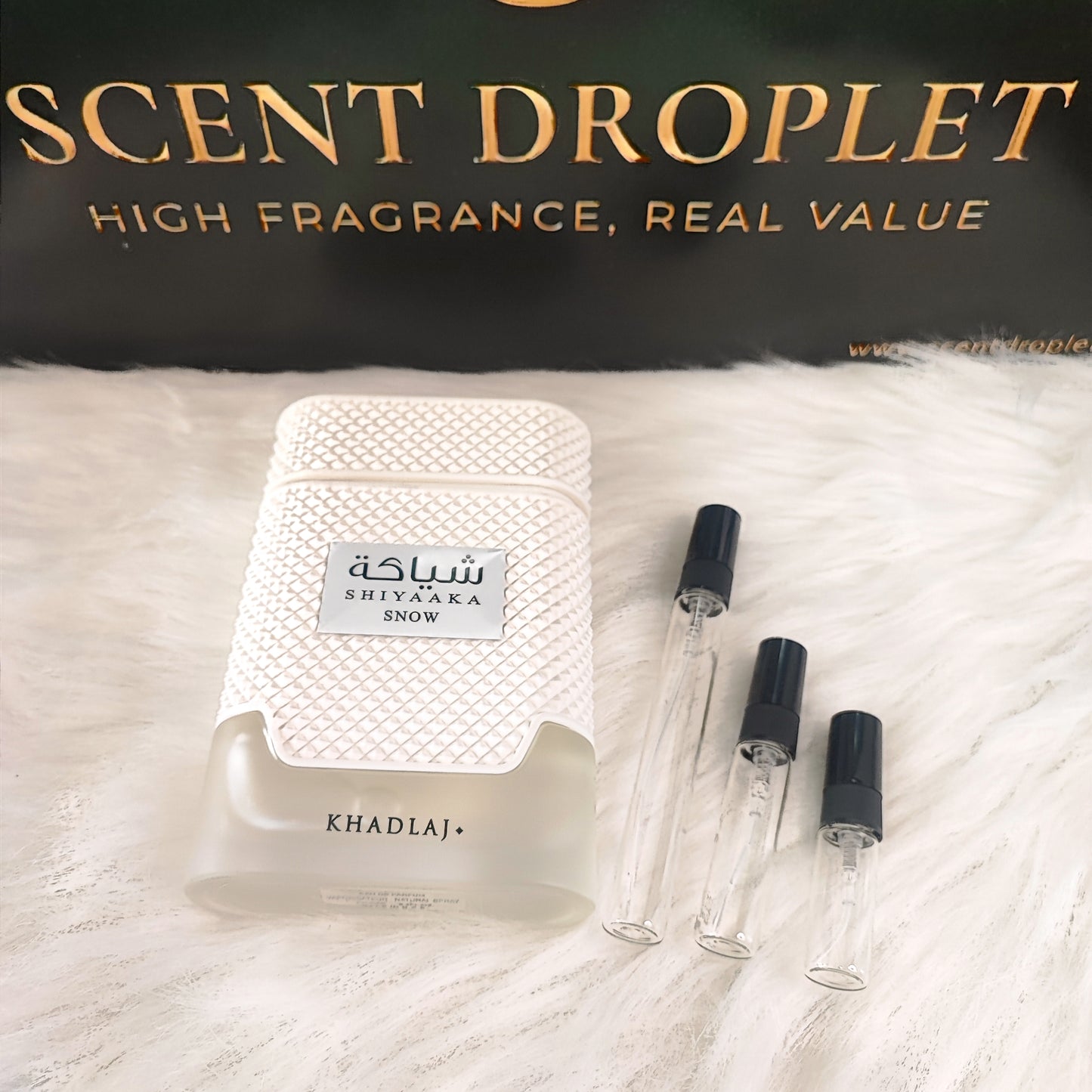Shiyaaka Snow by Khadlaj decant samples with bottle