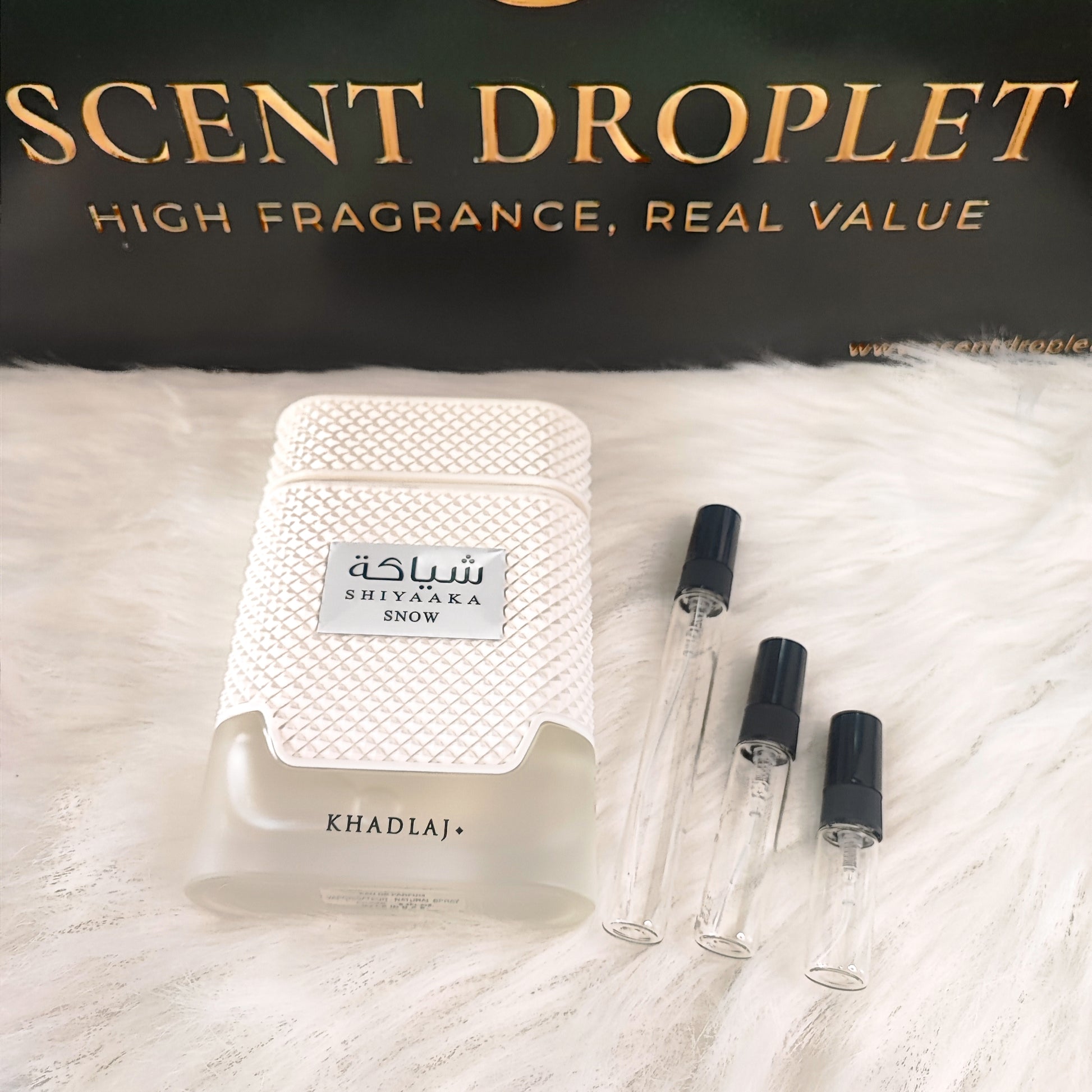 Shiyaaka Snow by Khadlaj decant samples with bottle