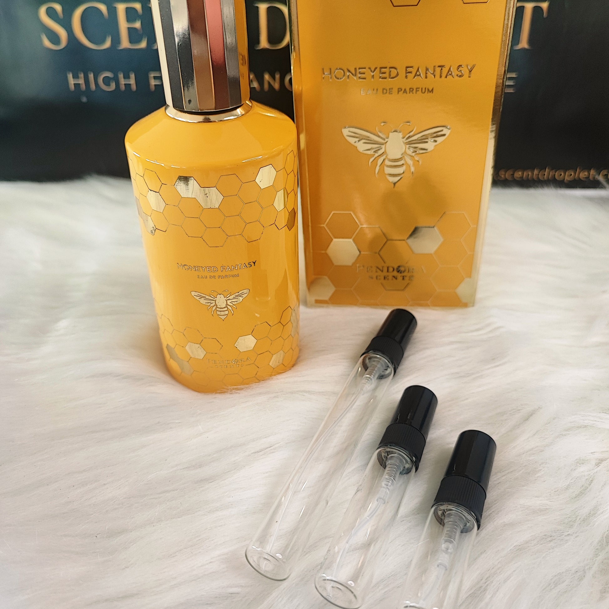 Honeyed Fantasy by Paris Corner decant vials next to bottle and box