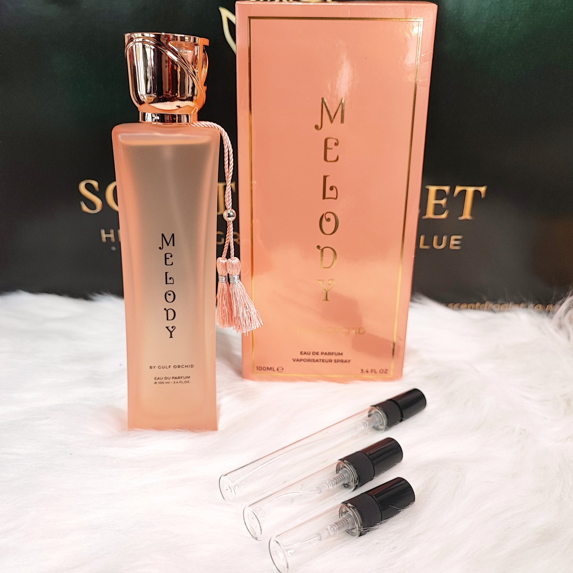 Melody by Gulf Orchid EDP – Special Import bottle and box with decant vials alternate view
