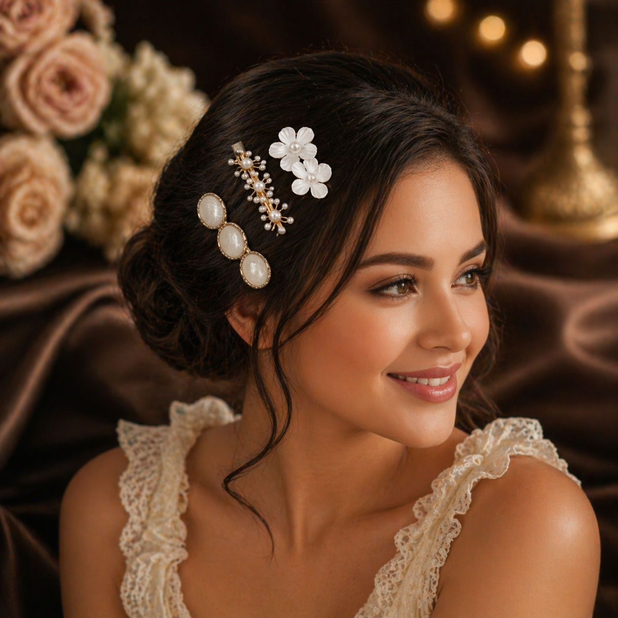 Shell & Pearl Hair Clips Set - 6 Pieces | Flower, Heart & Marble