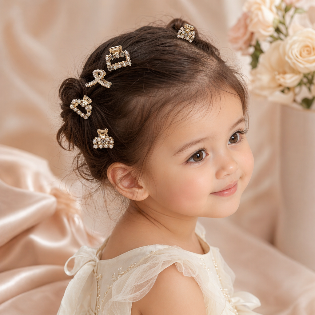Mini Hair Clips - 8pc Assorted Gold Diamante & Pearl