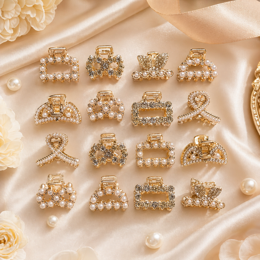 Mini Hair Clips - 8pc Assorted Gold Diamante & Pearl