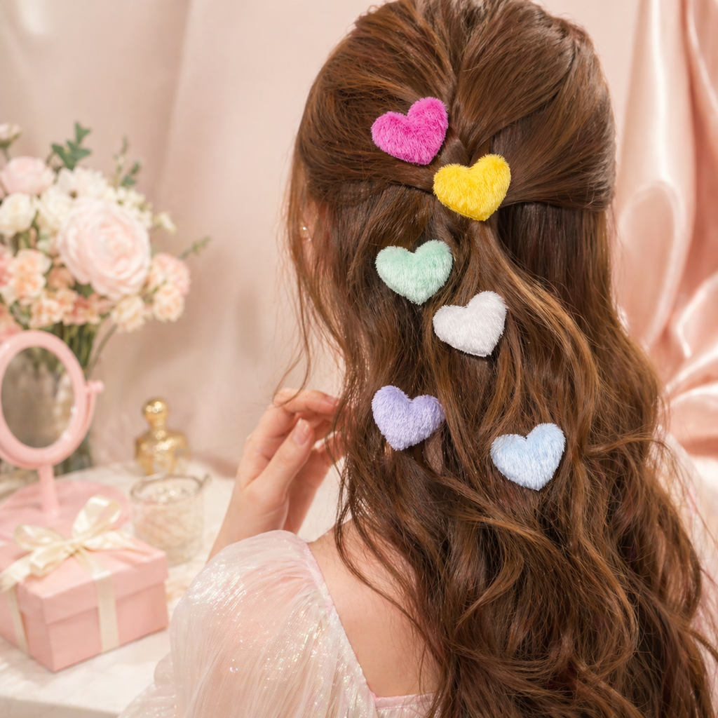 Fluffy Heart Hair Clips - 12pc Assorted Pastels