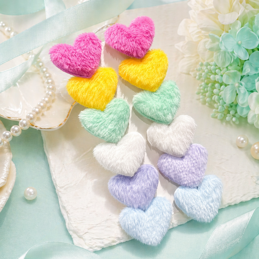 Fluffy Heart Hair Clips - 12pc Assorted Pastels