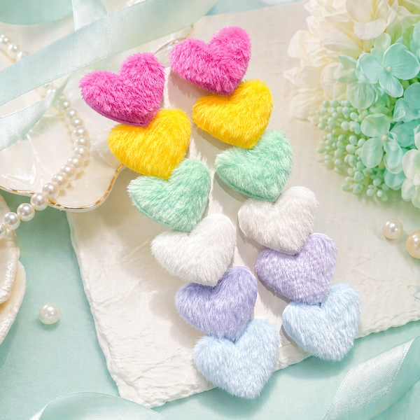 Fluffy Heart Hair Clips - 12pc Assorted Pastels
