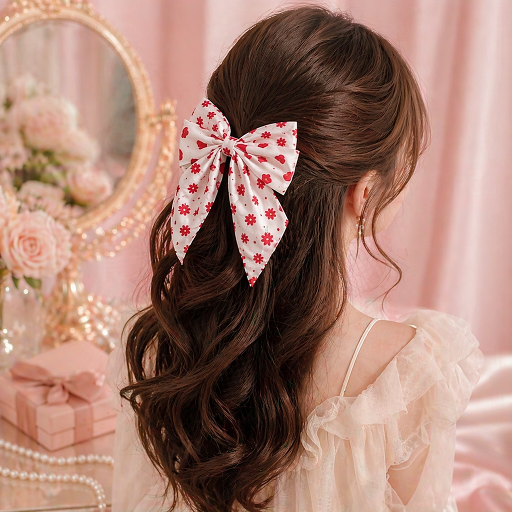 Hair Bow Clips - 8pc Red Floral & Pattern Set