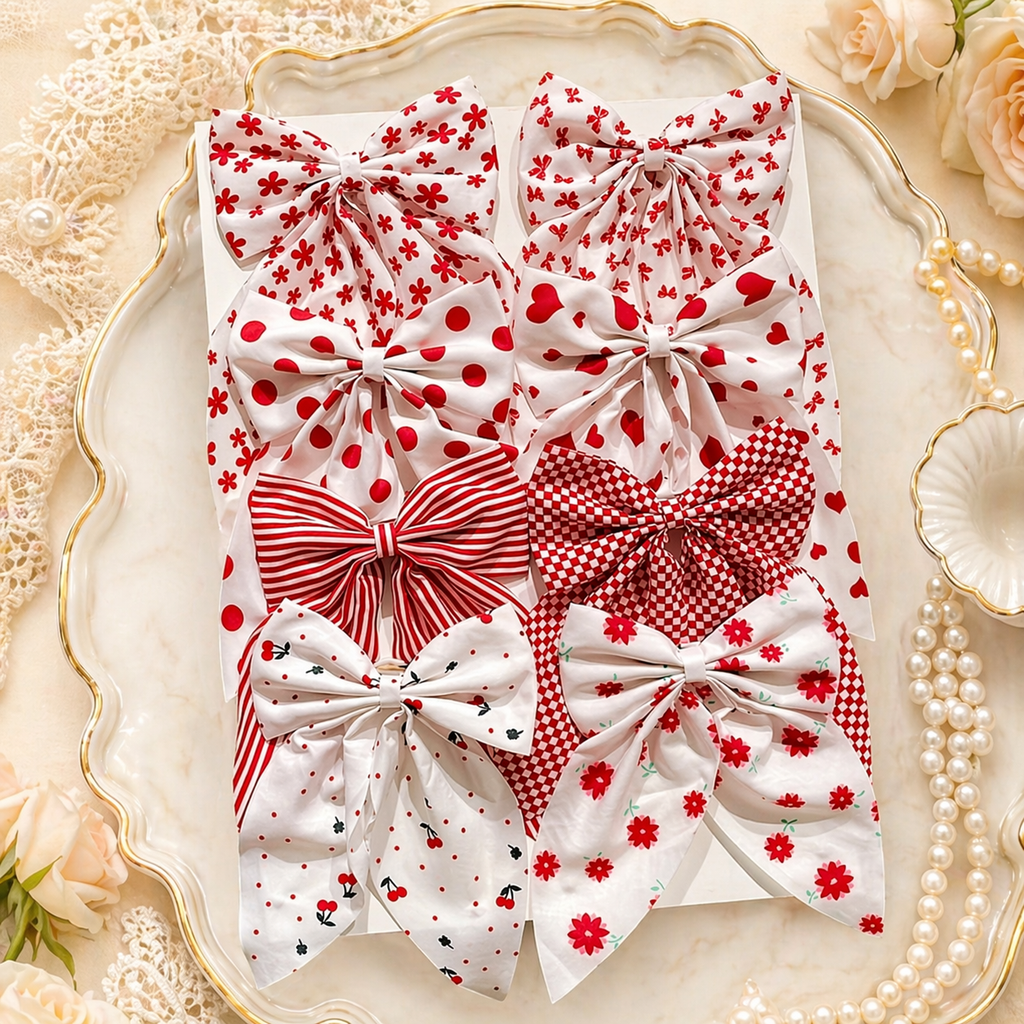 Hair Bow Clips - 8pc Red Floral & Pattern Set
