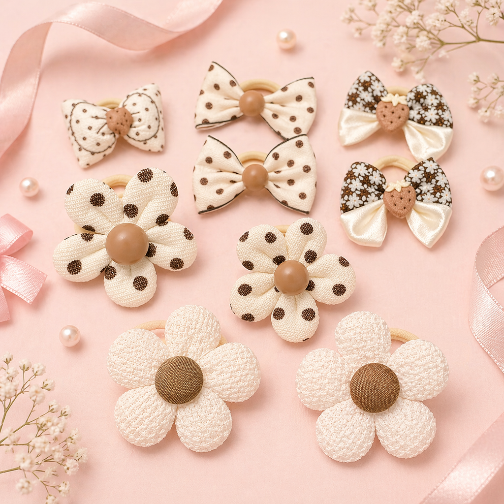 Korean Style Bow & Flower Hair Ties - 10pc Kids Set