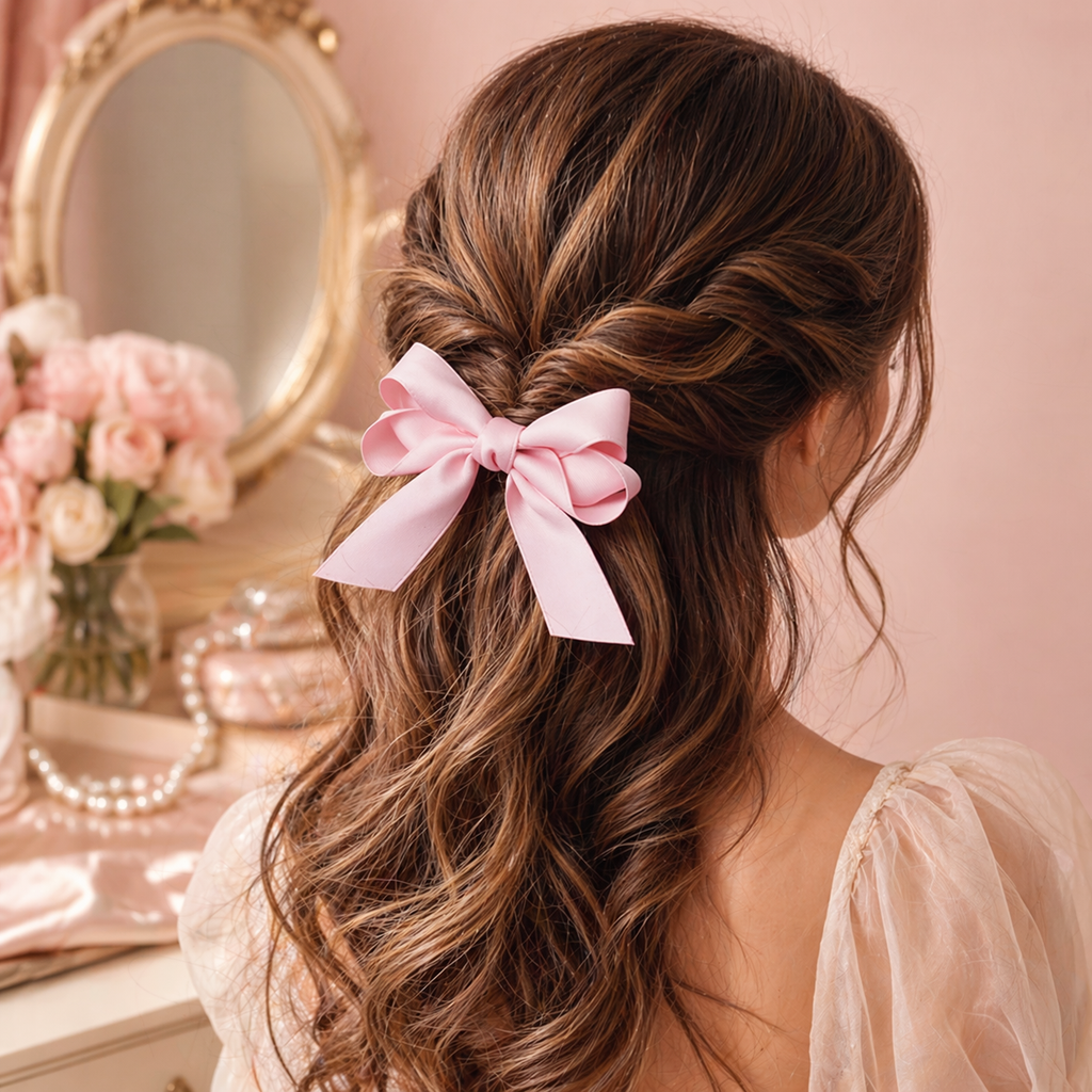 Satin Ribbon Bow Hair Clips - 3pc Set (Black, Pink & Cream)