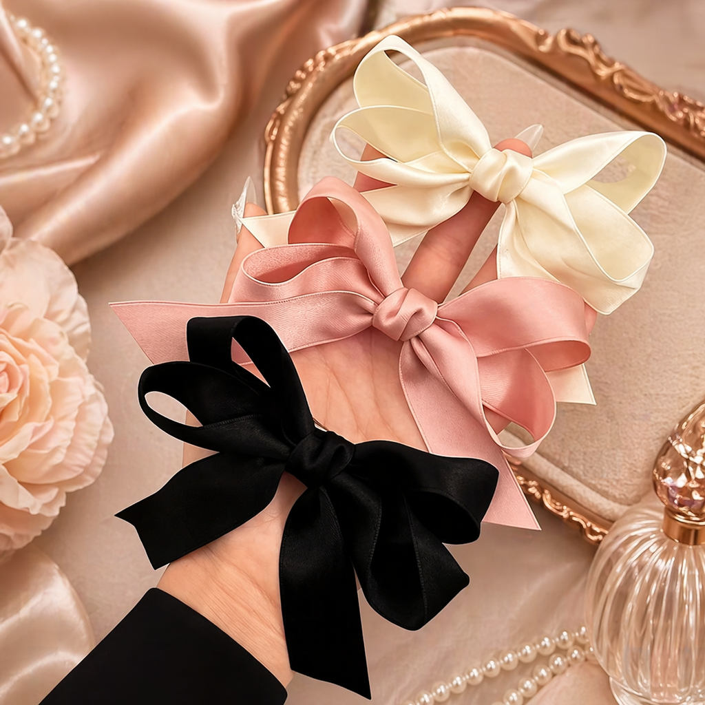 Satin Ribbon Bow Hair Clips - 3pc Set (Black, Pink & Cream)