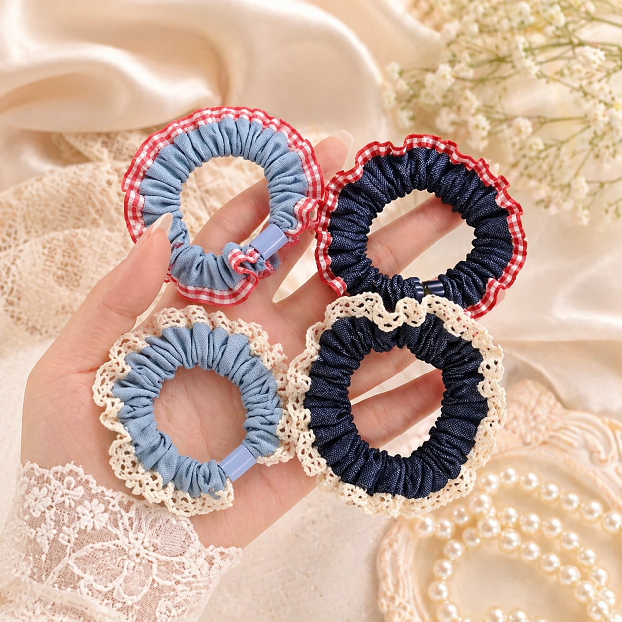 Lace Trim Scrunchies - 4pc Set