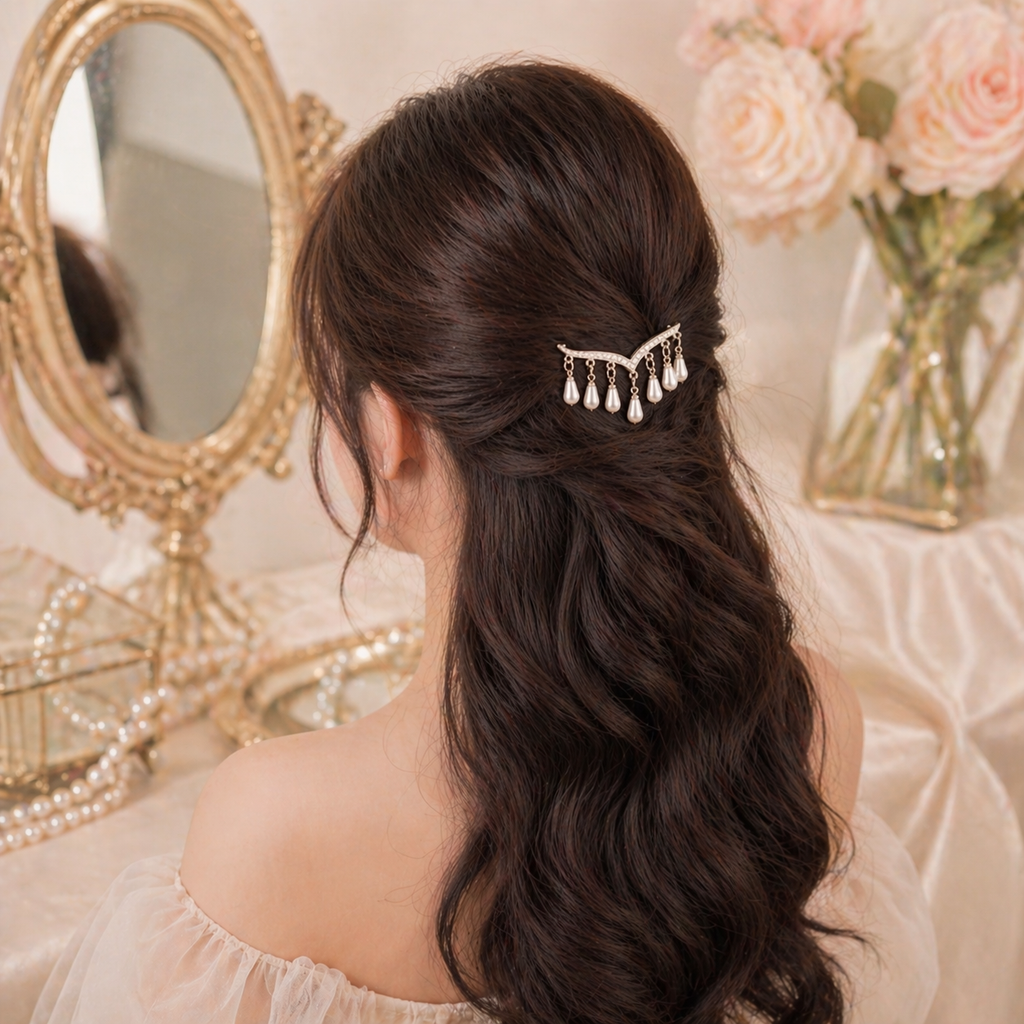 Gold Crystal & Pearl Drop Hair Clip