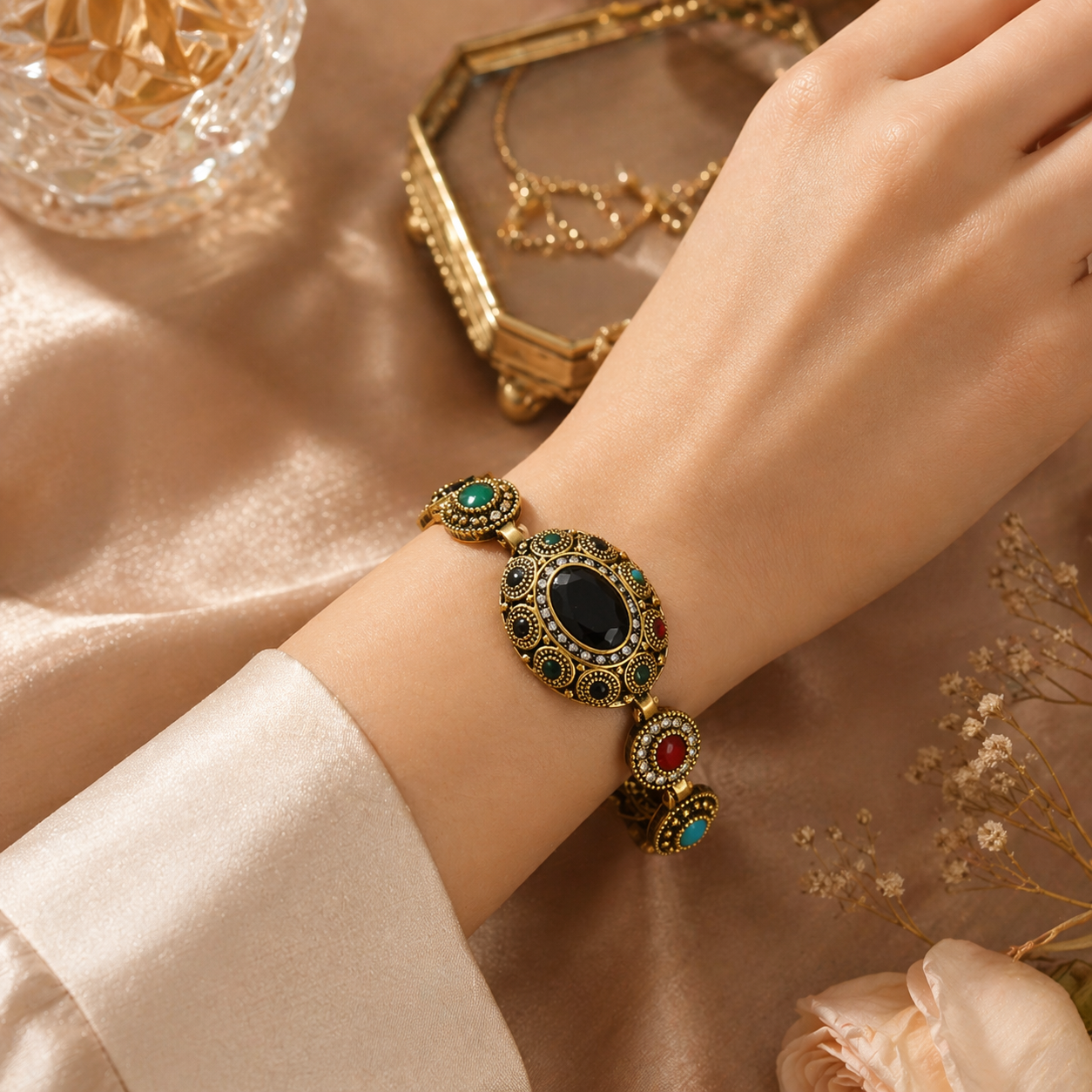 Bohemian Antique Gold Multi-Stone Statement Bracelet