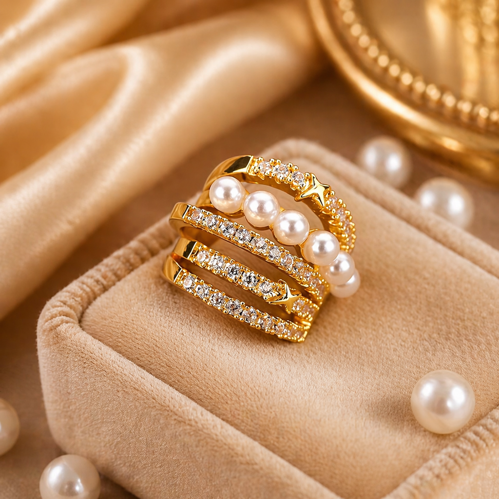 Gold Crystal & Pearl Multi-Row Ear Cuff (No Piercing)