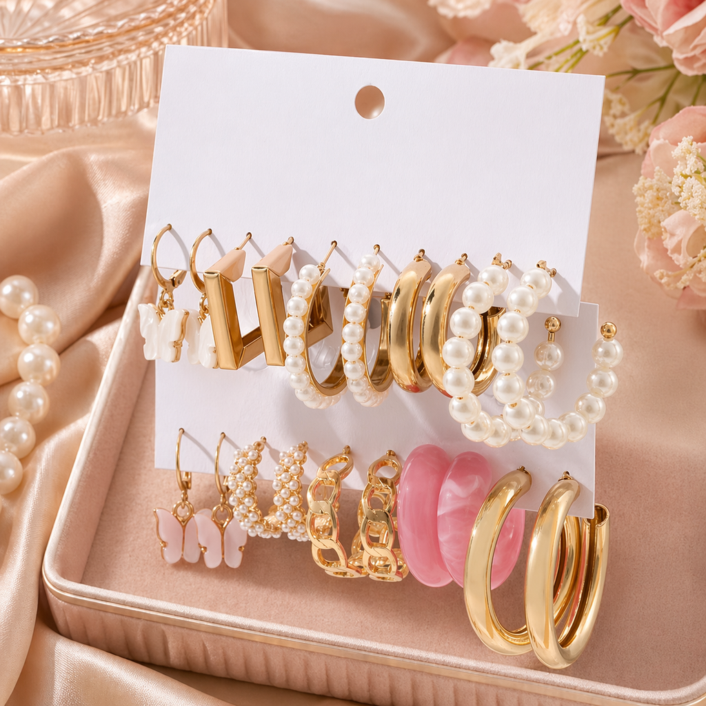 Gold & Pearl Hoop Earrings Set - 10 Pairs