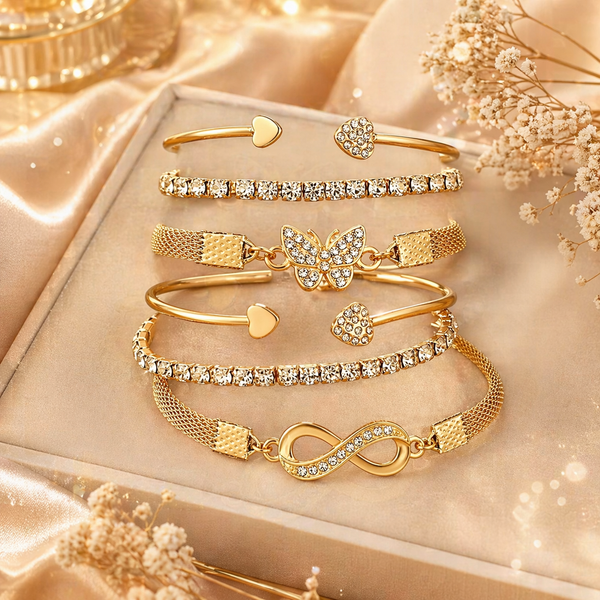 Gold Crystal Stacking Bracelet Set - 6 Pieces
