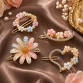 Korean Style Floral Hair Clips - 4pc Set | Pearl, Crystal & Daisy