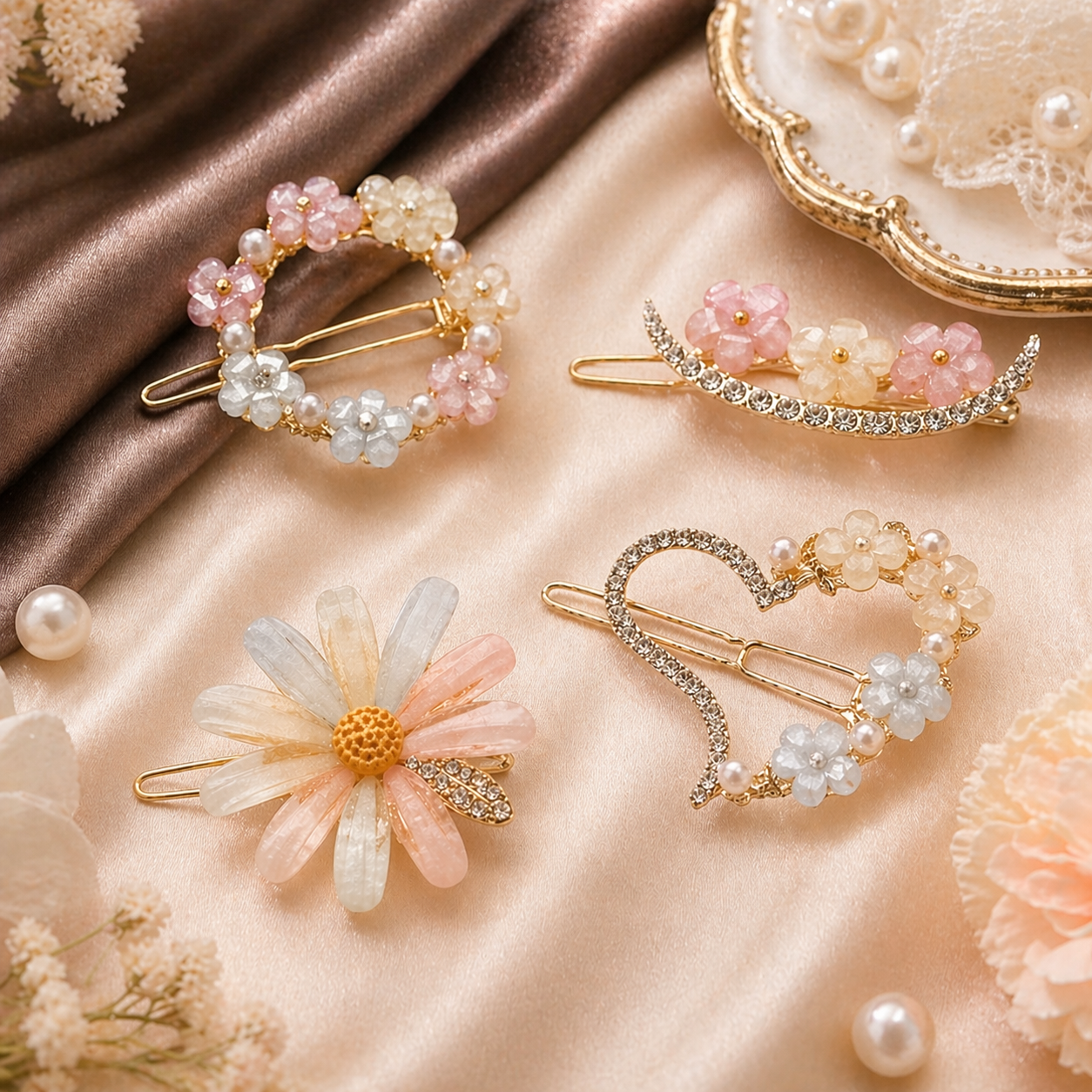 Korean Style Floral Hair Clips - 4pc Set | Pearl, Crystal & Daisy