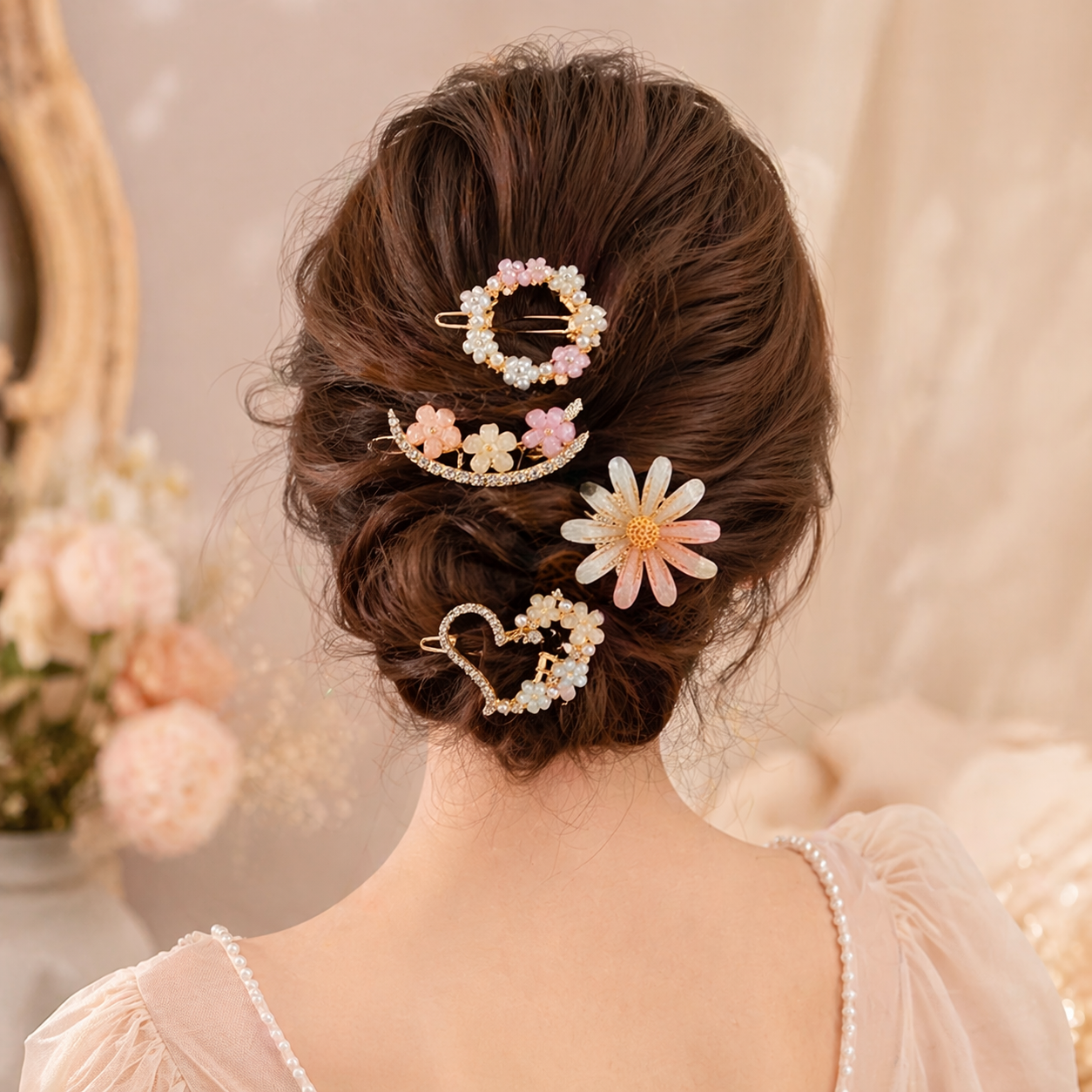Korean Style Floral Hair Clips - 4pc Set | Pearl, Crystal & Daisy