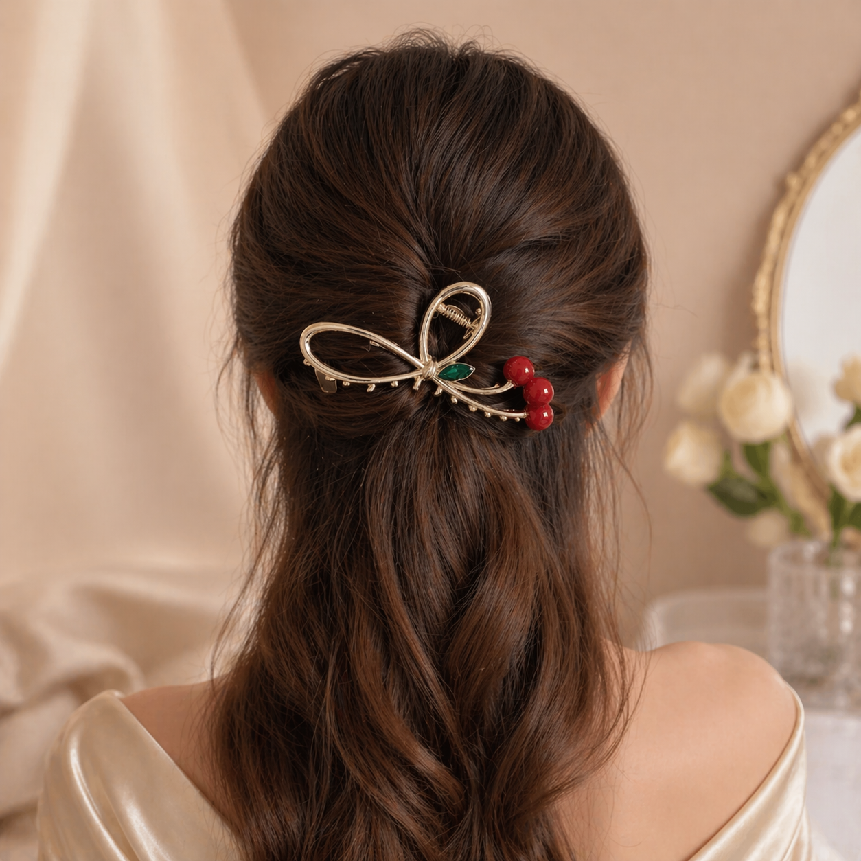 Gold Cherry Bow Hair Claw Clip