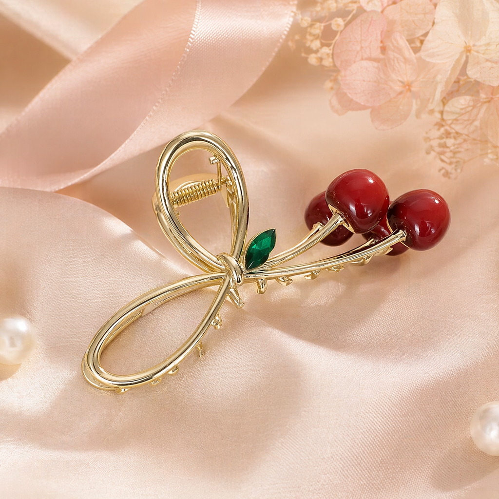 Gold Cherry Bow Hair Claw Clip