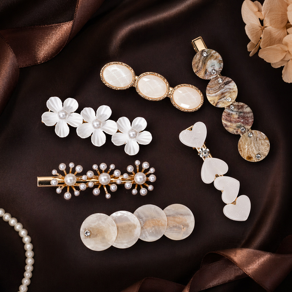 Shell & Pearl Hair Clips Set - 6 Pieces | Flower, Heart & Marble