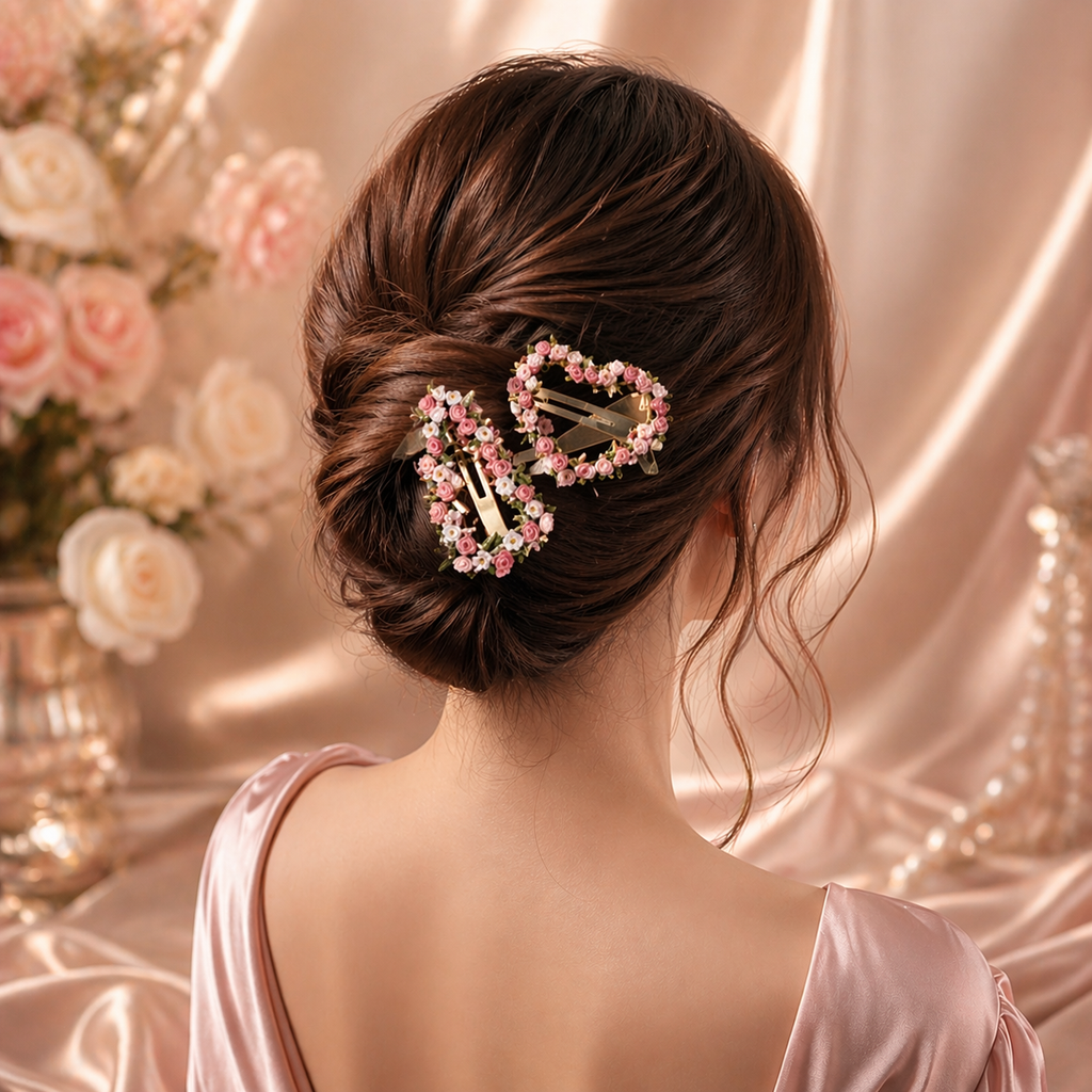 Pink Rose Floral Hair Clips - 3pc Set | Heart, Star & Teardrop